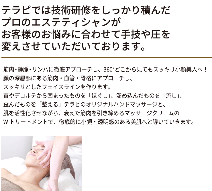 テラピでは技術研修をしっかり積んだプロのエステティシャンが<br>お客様のお悩みに合わせて手技や圧を変えさせていただいております。
                        筋肉・静脈・リンパに徹底アプローチし、360°どこから見てもスッキリ小顔美人へ！<br>顔の深層部にある筋肉・血管・骨格にアプローチし、スッキリとしたフェイスラインを作ります。首やデコルテから固まったものを「ほぐし」、<br>溜め込んだものを「流し」、歪んだものを「整える」テラピのオリジナルハンドマッサージと、肌を活性化させながら、衰えた筋肉を引き締めるマッサージクリームのWトリートメントで、徹底的に小顔・透明感のある美肌へと導いていきます。