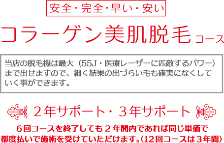 コラーゲン美肌脱毛　２年サポート・３年サポート　６回コースを終了しても2年間内であれば同じ単価で
都度払いで施術を受けていただけます。（１２回コースは３年間）（55J・医療レーザーに匹敵するパワー）まで出せますので、細く結果の出づらい毛も確実になくしていく事ができます。