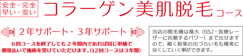 コラーゲン美肌脱毛　２年サポート・３年サポート　６回コースを終了しても2年間内であれば同じ単価で
都度払いで施術を受けていただけます。（１２回コースは３年間）（55J・医療レーザーに匹敵するパワー）まで出せますので、細く結果の出づらい毛も確実になくしていく事ができます。